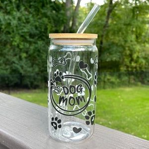Dog Mom Glass Can w/Bamboo Lid and Glass Straw
